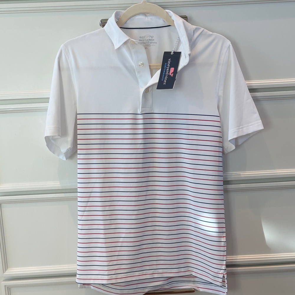 Vineyard Vines White Polo with Red and Blue Stripes